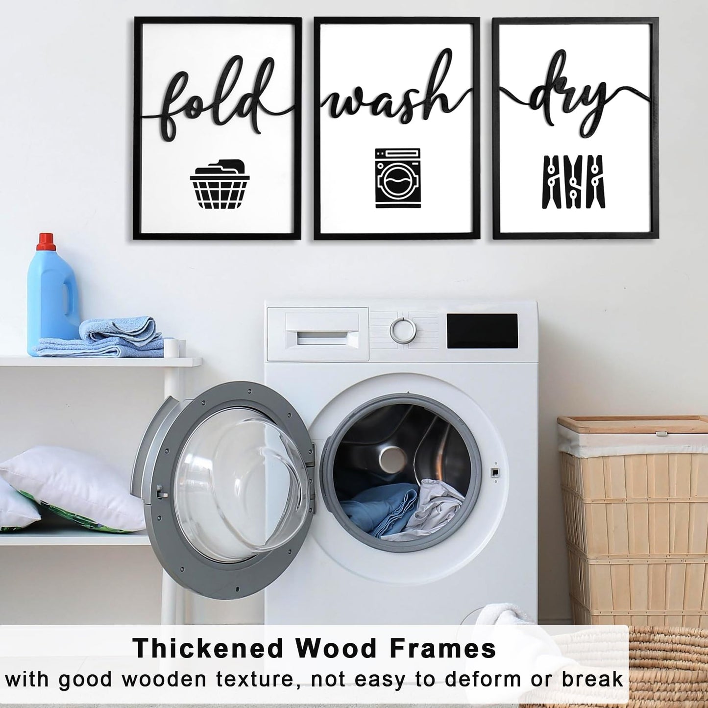 3D Wood Laundry Room Wall Decor, 36" x 16" Framed Laundry Room Wall Art, 3D Laundry Signs for Room Decor (Ready to Hang, Set of 3, Framed)