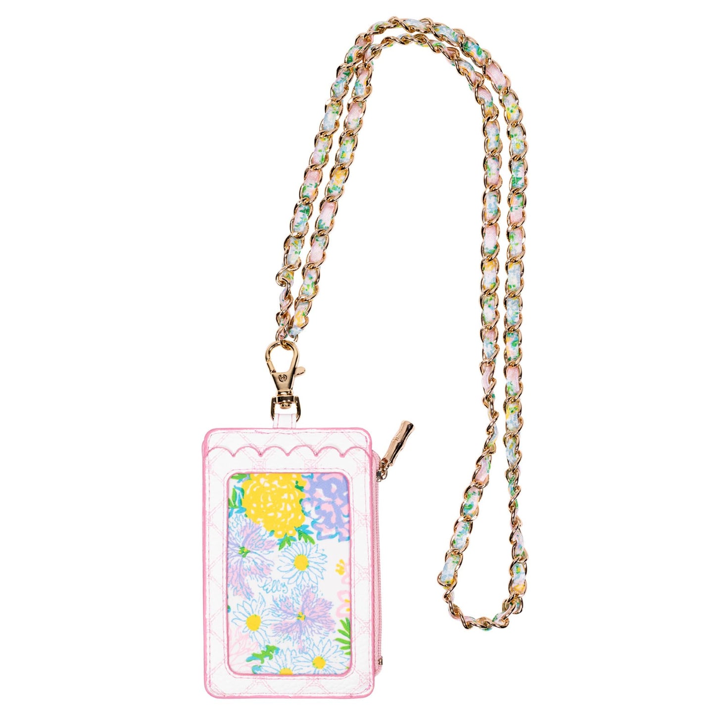 Lilly Pulitzer ID Case with Lanyard, Keychain Wallet with Zip Close, Cute Durable Card/Badge Holder with Long Lanyard for Women (Lilly Garden Home)