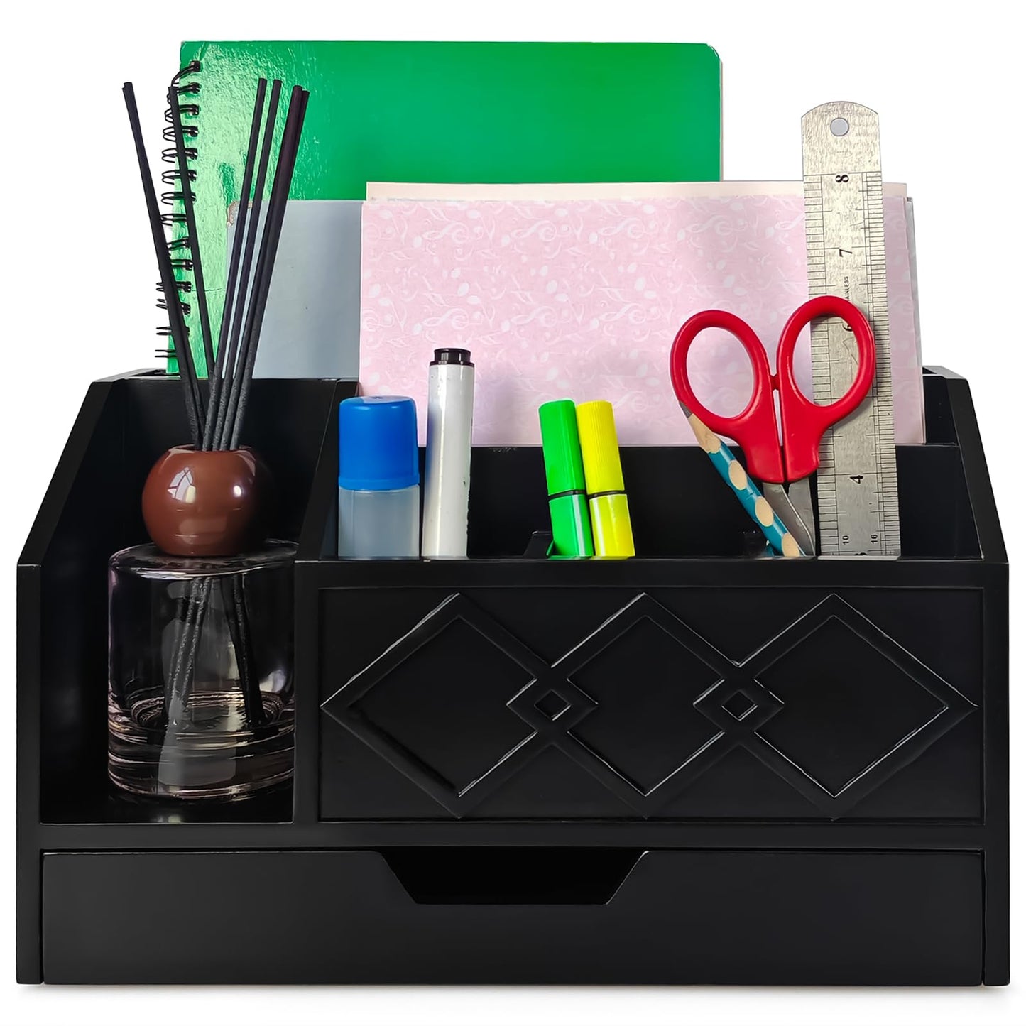 UUyuality Black Wooden Mail Organizer with Drawer, Three Tiered Desk Accessories for Office Organization and Storage, Stylish Countertop Document Storage, Home/Office/Classroom Supplies (Black02)