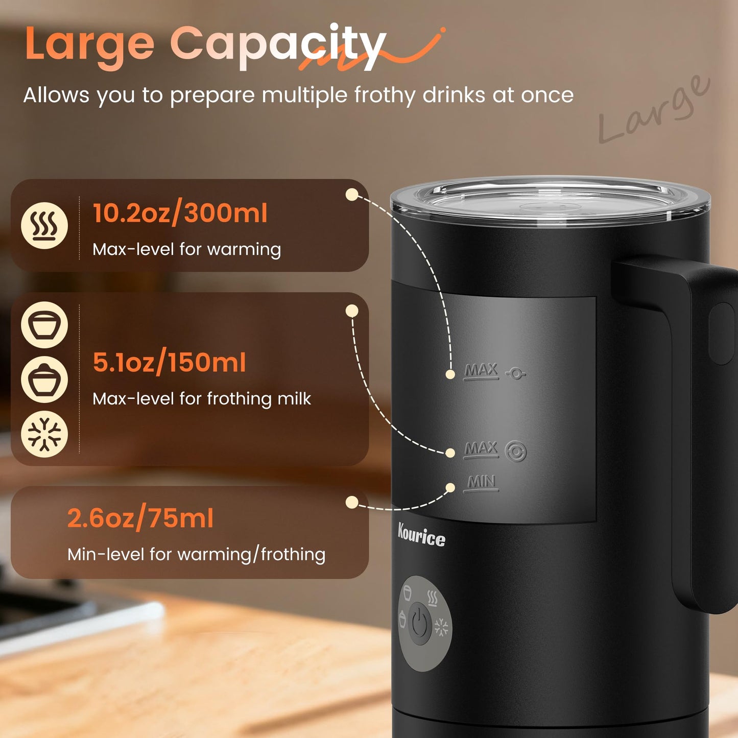Kourice 4-in-1 Electric Milk Frother & Steamer – Automatic Frother Machine, Barista-Style Hot & Cold Foam for Lattes, Cappuccinos, Iced Coffee, Quiet, One-Touch, Easy to Clean