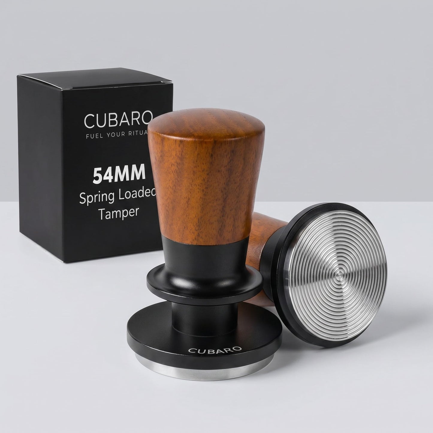 CUBARO 53.3mm Calibrated Espresso Tamper - 30lb Spring Loaded Auto-Leveling Coffee Tamper with Walnut Handle & Ripple Stainless Steel Base for 54mm Portafilters