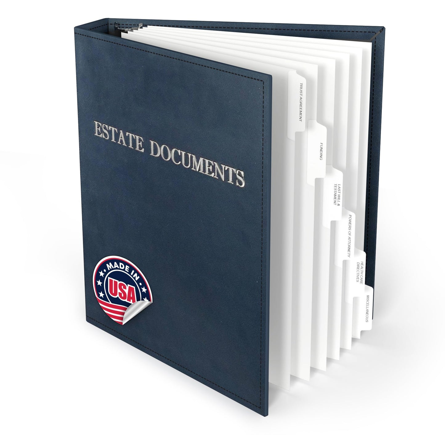TRS Estate Planning Binder Kit – Pre-Labeled Tabs, Sheet Protectors | 1.5" D-Ring Stitched Faux Leather Organizer for Wills, Trusts, Power of Attorney & End-of-Life Planning | Silver on Navy