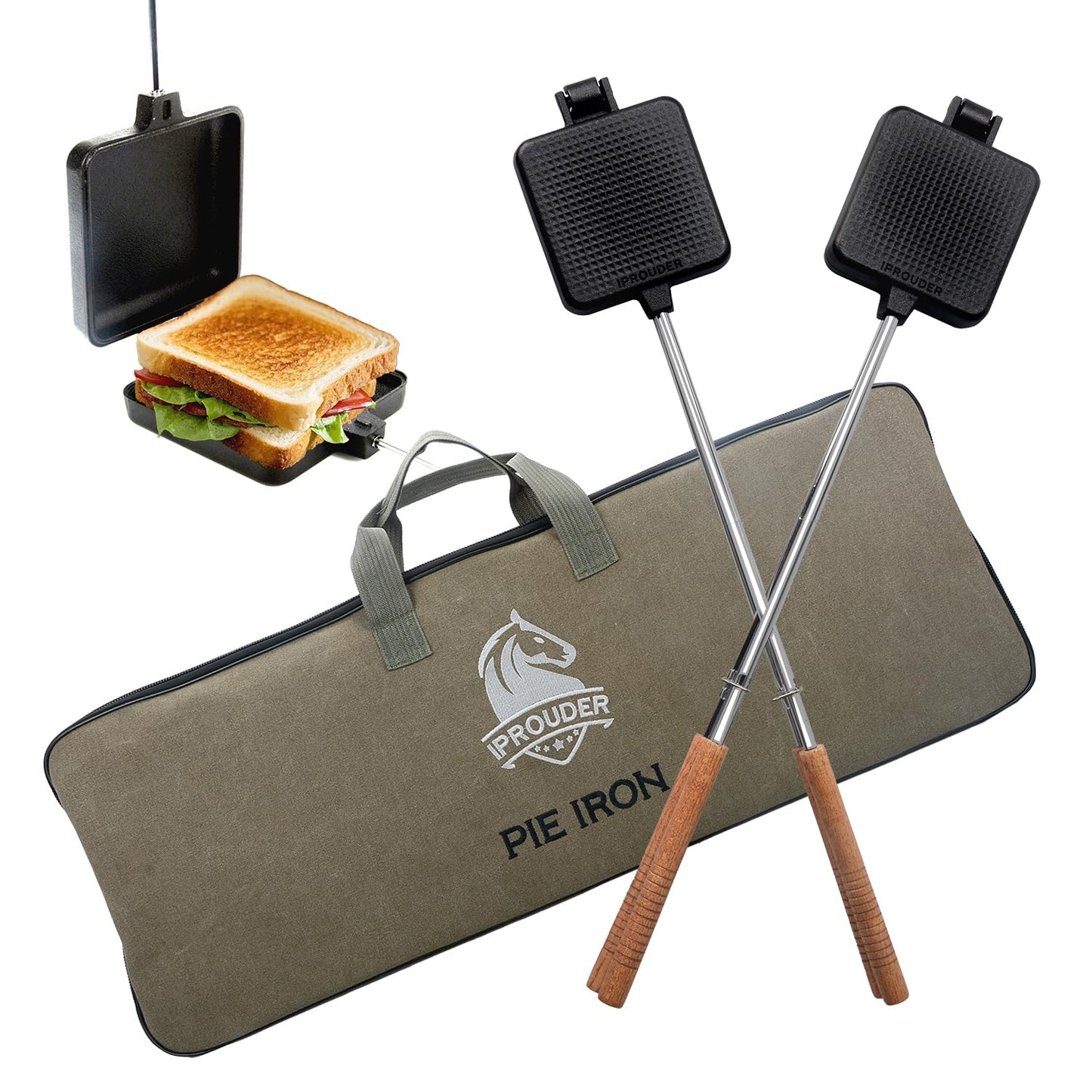 IPROUDER Campfire Pie Iron 4.9" Large Cast Iron Sandwich Maker for Camping 2 Pcs with Storage Bag - 21.7 inch Adjustable Handles - Campfire Cooking Equipment for Grilling & Outdoor Cooking