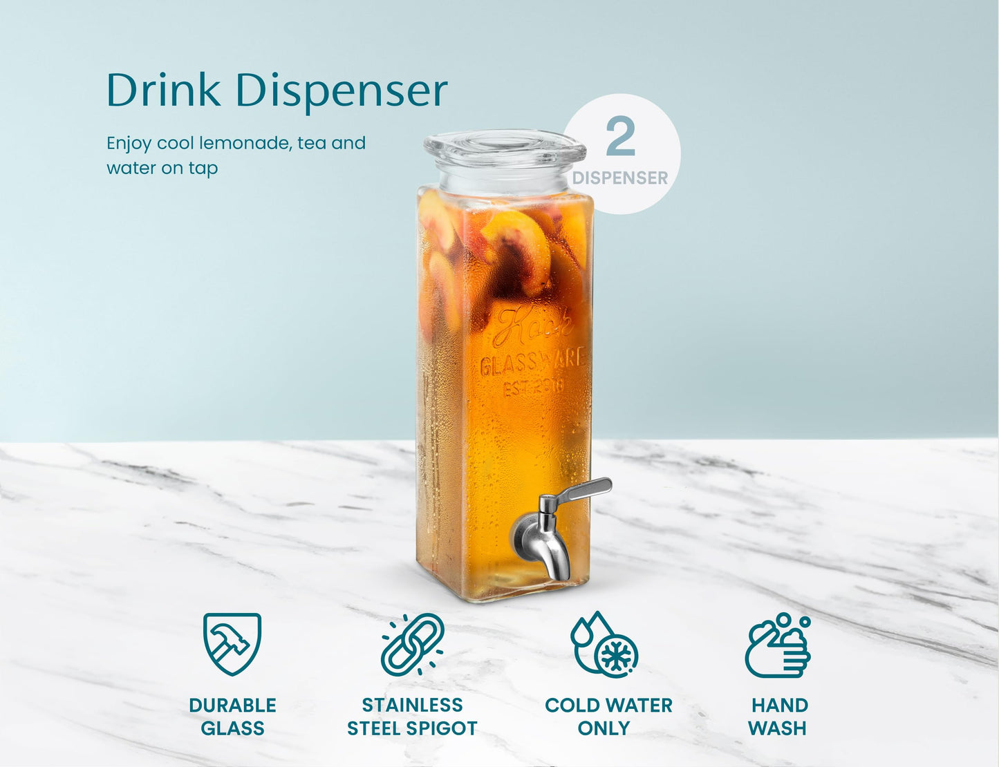 Kook Glass Drink Dispenser, with Leak-Proof Stainless Steel Spigot, Clear Rectangular Mason Jar, Beverage Storage for Fridge, for Water, Iced Tea, Sangria, Lemonade, 80 oz (2)
