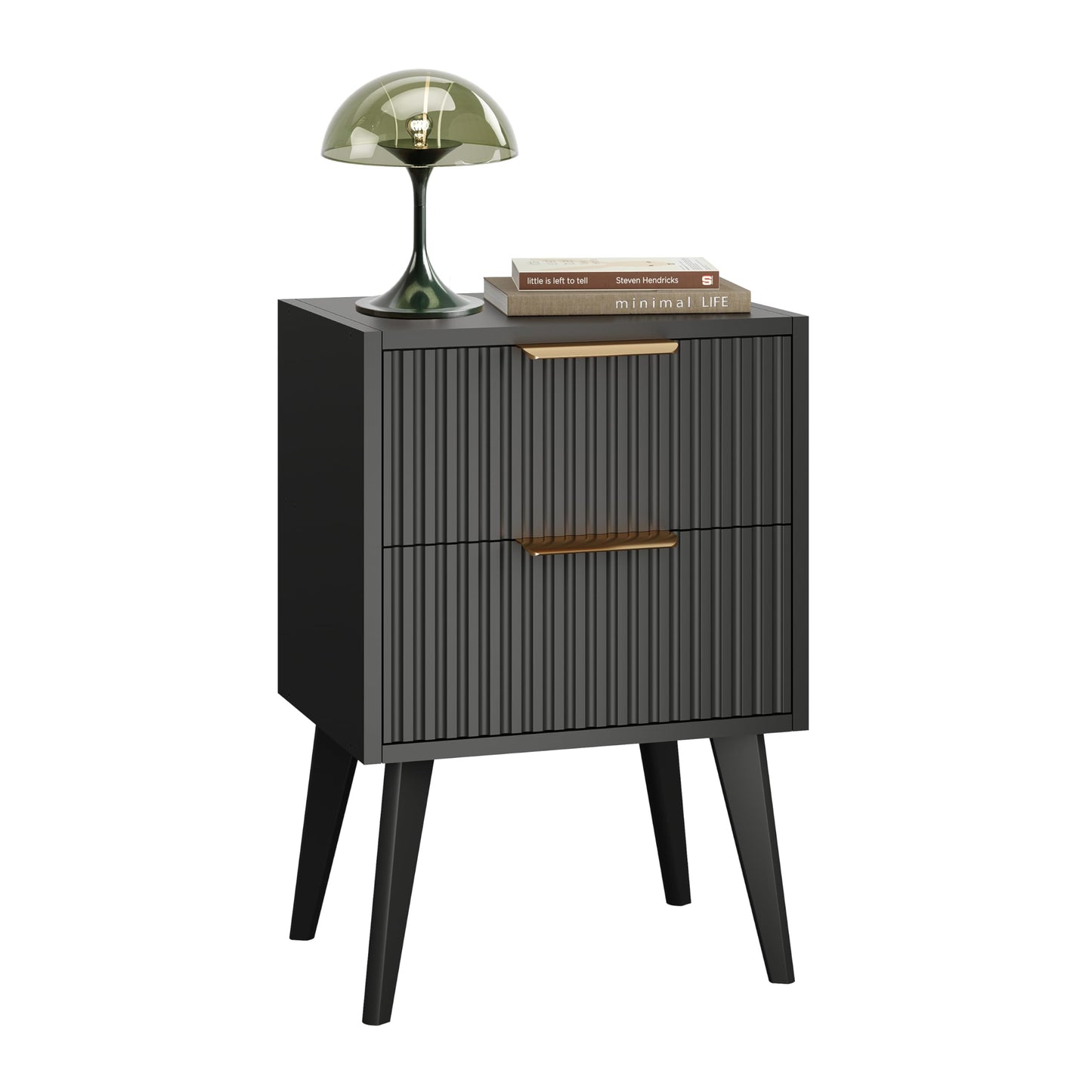 YAUKOMEL Black Nightstand,Mid Century Modern Bedside Table, Fluted Nightstand with 2 Drawers,Side Table with Wood Legs, End Table for Bedroom,Apartment,Dormitory,Small Space Black CTG55BK