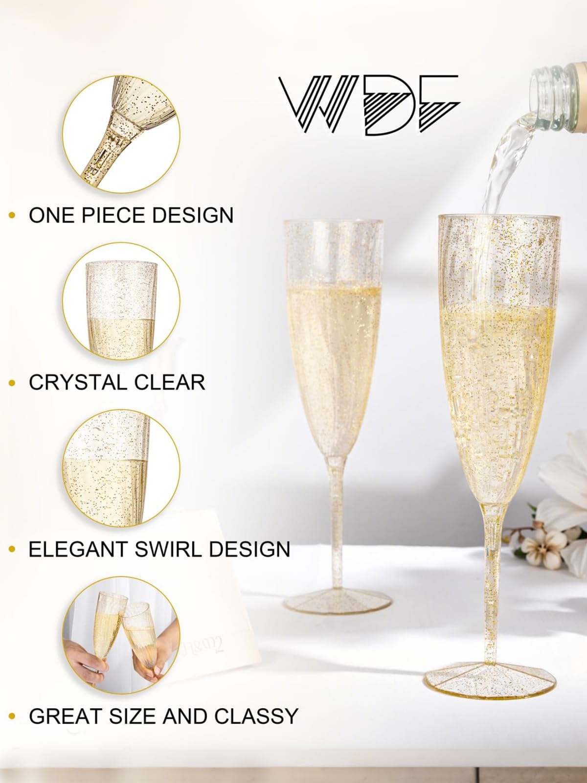 WDF 36-Pack Plastic Champagne Flutes - Gold Glitter Champagne Glasses Disposable - Perfect for Wedding/Birthday/Bridal Shower/Baby Shower/Graduation