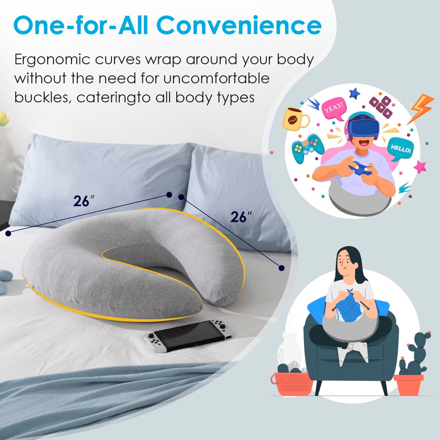 QUEEN ROSE Reading Pillow for Gaming, Lap Desk Pillow for Sitting in Bed or Sofa, Compact Arm Support Pillow for Reading, Playing or Crocheting, Cooling Grey