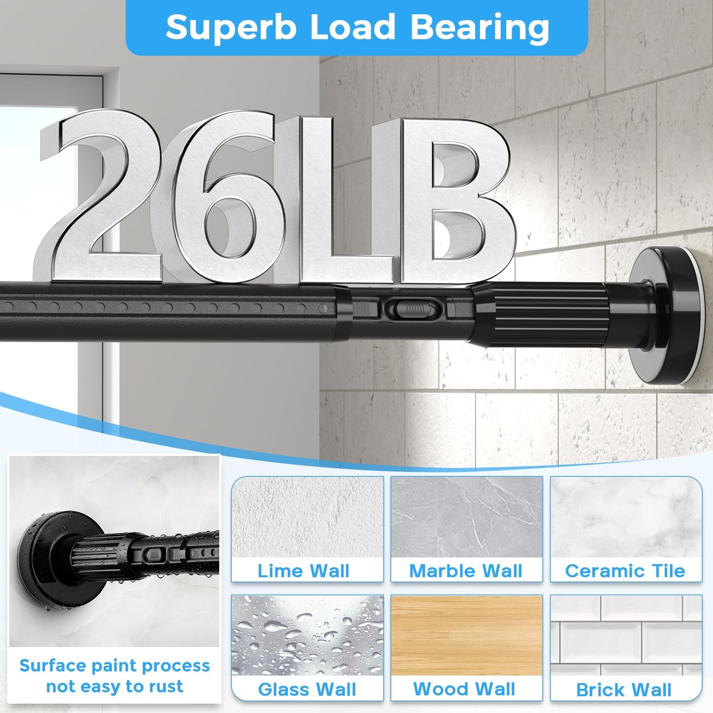 AIZESI 41-144 Inch Heavy Duty Black Tension Curtain Rod - No Drilling, Adjustable, Rust-Resistant for Outdoor, Living Room, Window, Bathroom