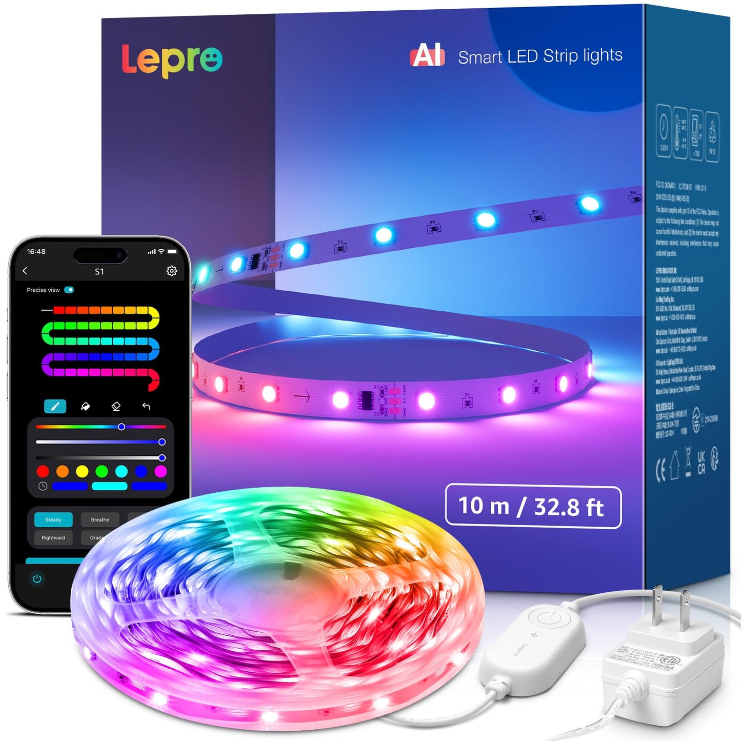 Lepro S1 AI LED Strip Lights for Bedroom - 32.8ft Smart RGB Light Strips with IC and Rainbow Chasing Effects, Color Segment DIY, Personalized Al Lighting Designer, No Remote, 2.4G Wi-Fi & Bluetooth