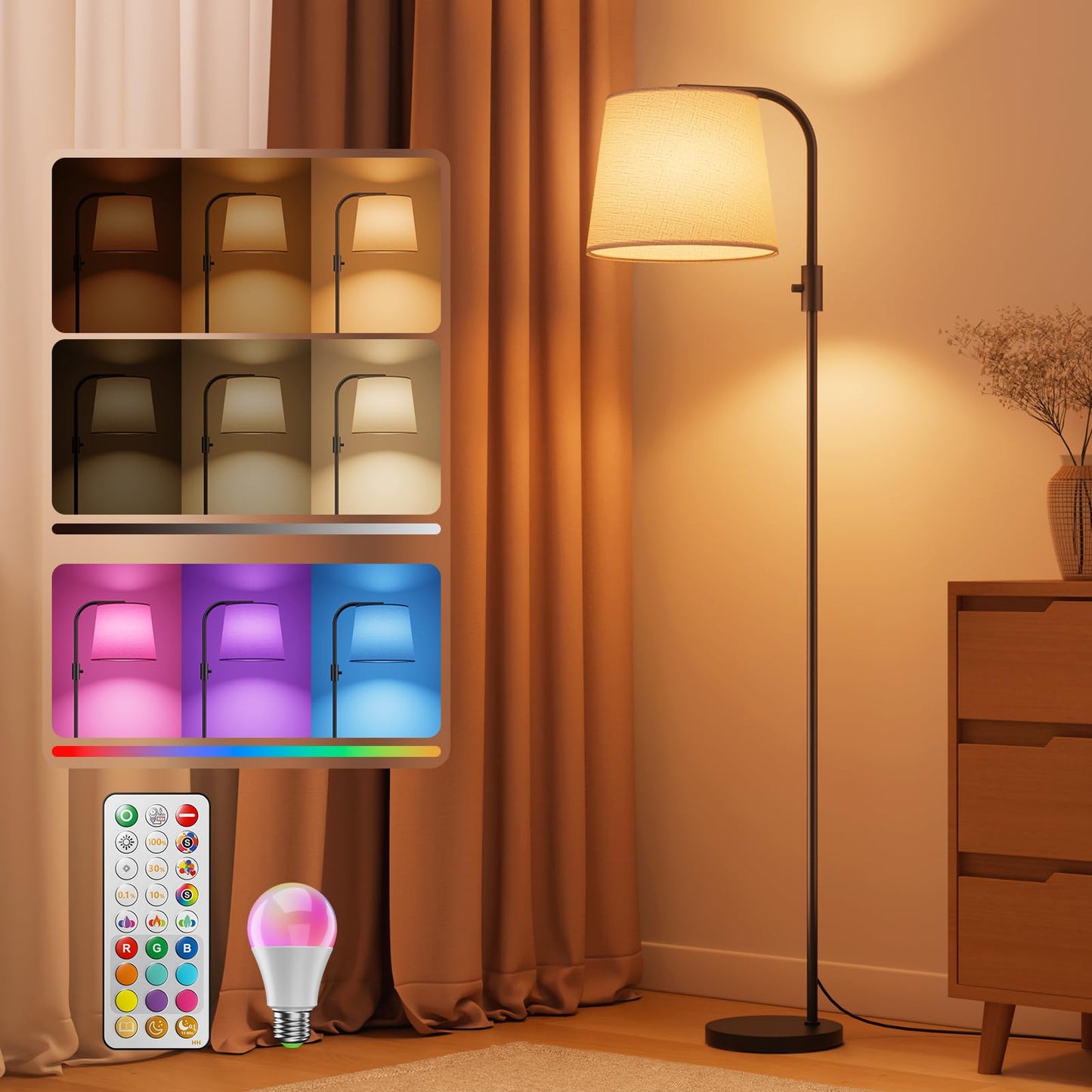 VARICART Dimmable Arc Floor Lamp, 1200 Lumens RGBCW Color Change Bulb Included, Standing Lamp with Linen Shade, 65" Tall Lamp with Remote for Living Room, Bedroom, Office, Dining Room, Kitchen, Black