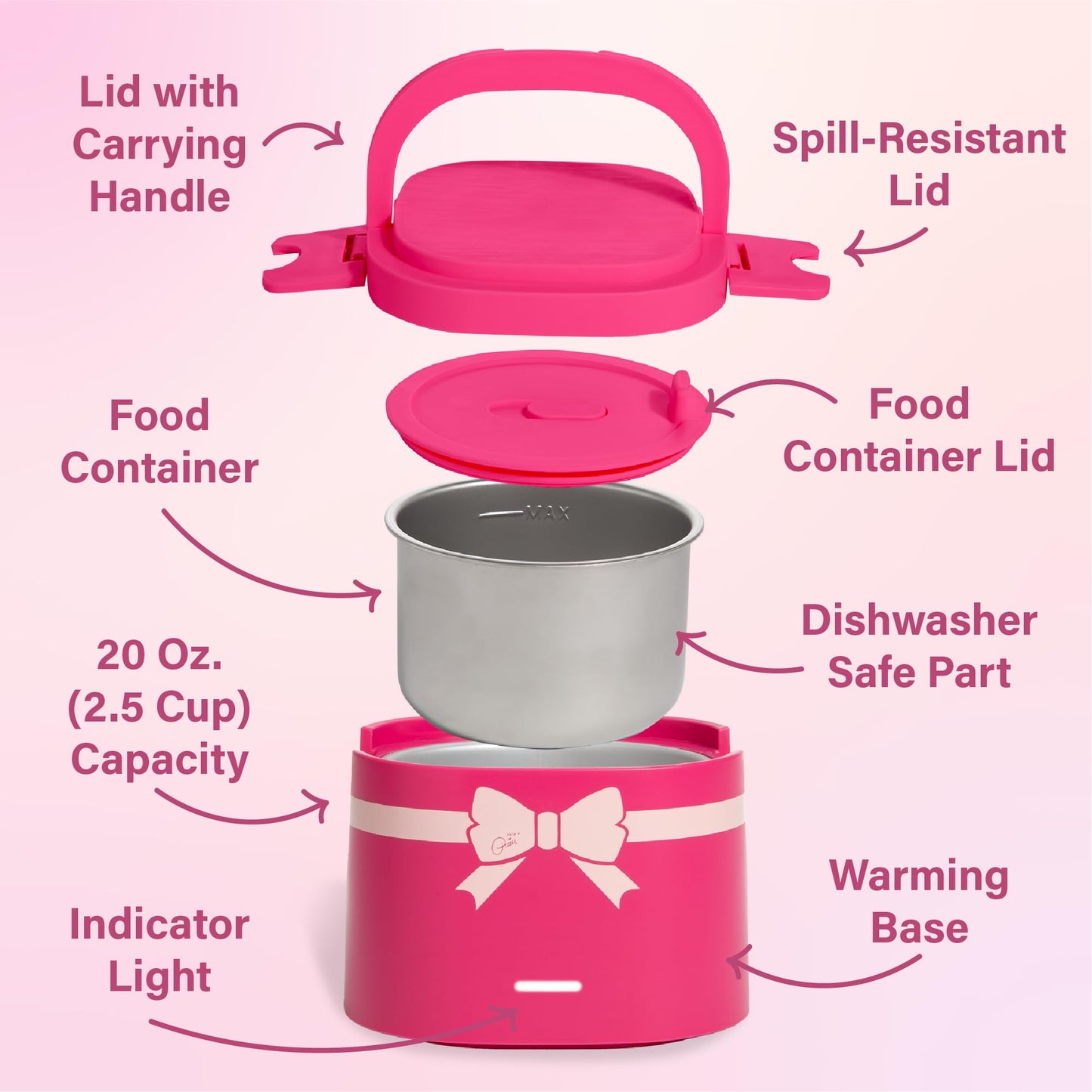 Paris Hilton Electric Lunch Warmer, 20-Ounce Stainless Steel Portable Food Container With Sealing Lid, Removable 2.5-Cup Inner Dish, Bow Front Decal, Hot Pink