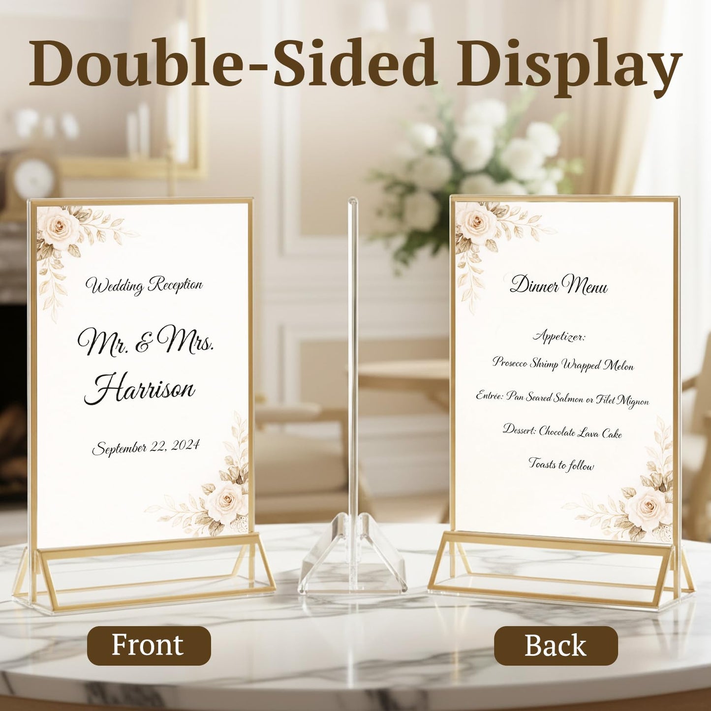 EHWINE 24 Pack Acrylic Sign Holder 4 x 6, Double Sided Gold Picture Frame Stand up Table Top Sign Holders, Clear Display Stand Menu Flyer Holder for Wedding Party