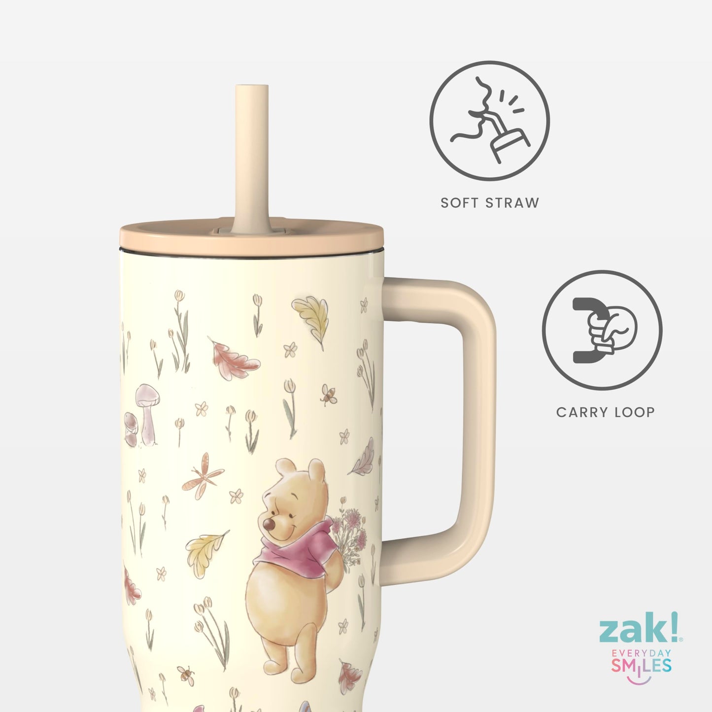 Zak Designs Disney Winnie the Pooh Sutton Travel Tumbler for On the Go, 30oz Stainless Steel with Vacuum Insulation, Silicone Straw, and Carry Handle for Cold Drinks (Pooh and Friends)