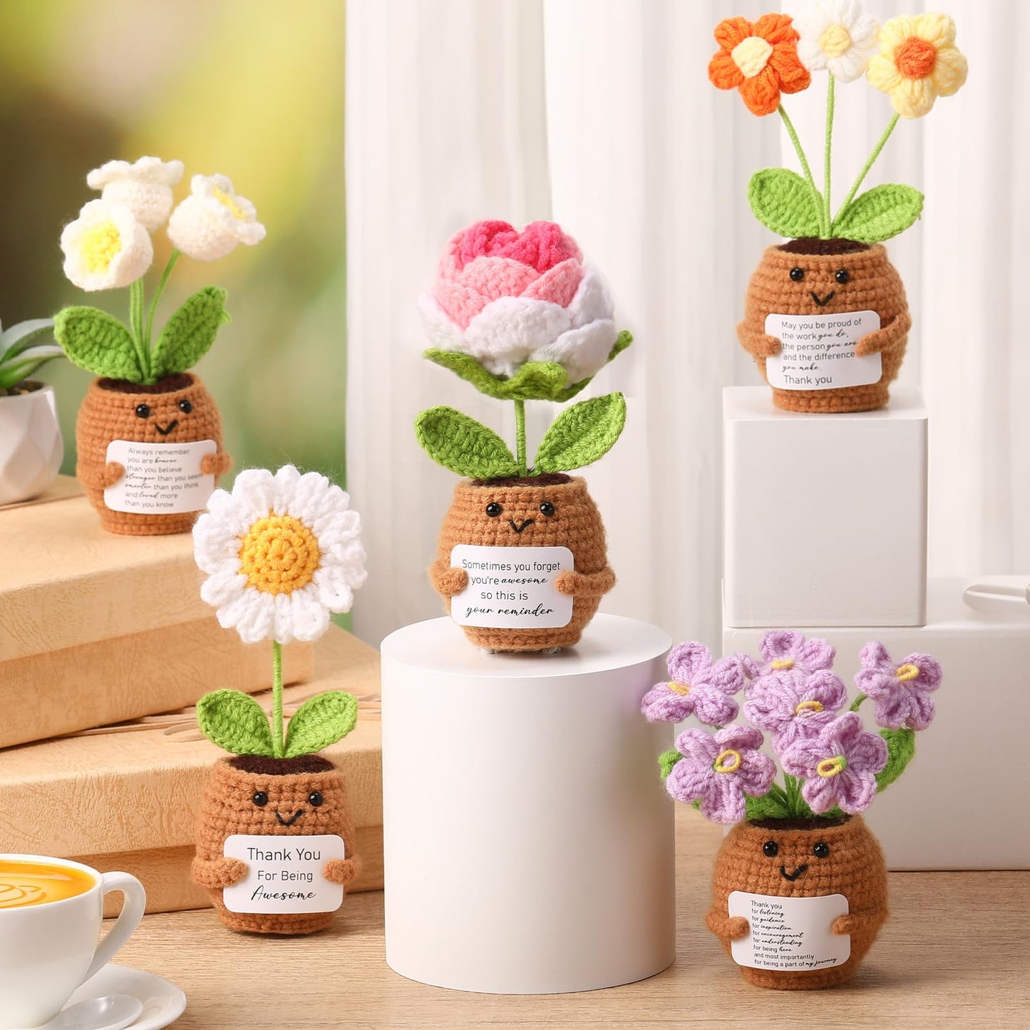Geelin 6 Sets Positive Teacher Appreciation Gift Mini Crochet Flower Potted Doll with Card Emotional Rose Daisy Crochet Support Thank You Flowers Positive Gift for Women Coworker Teacher Mother's Day