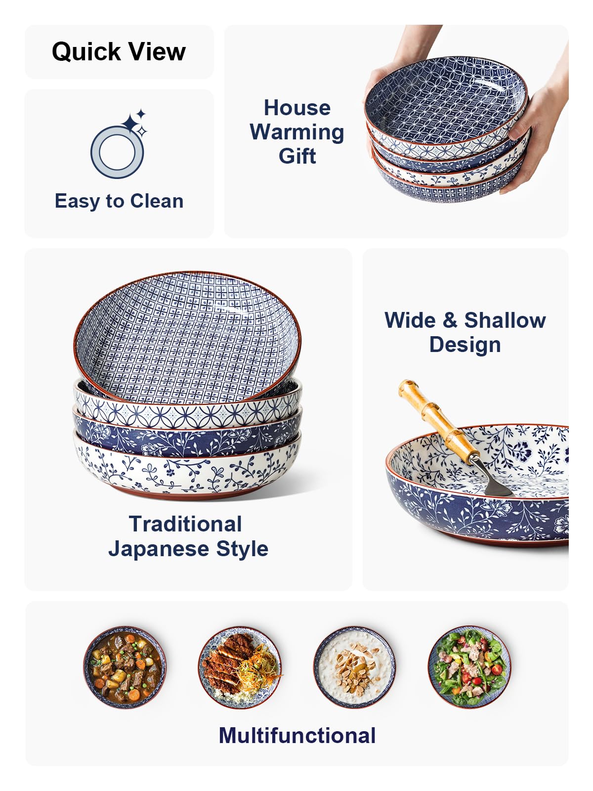 LE TAUCI Pasta Bowl 32 oz, Ceramic Salad Bowl, Japanese-Style Plate Bowls for Serving Pasta, Fruits, Salad, Noodle, Dinner, Soup, Mircrowave Oven Dishwasher Safe - 8.2 Inch, Set of 4, Vintage Blue