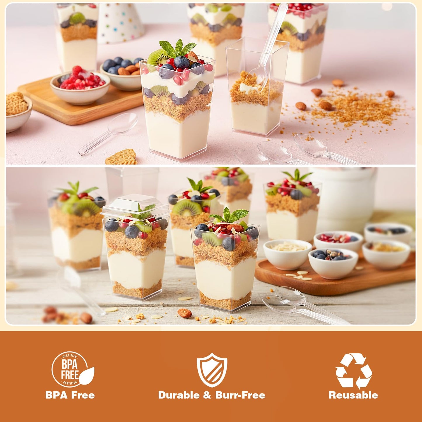 LifeIdeas 600 Pcs 3 Oz Mini Dessert Cups with Lids and Spoons, Reusable Square Appetizer, Parfait, and Shooters Cups for Parties, Ideal for Ice Cream, Fruit, Pudding, and Cake
