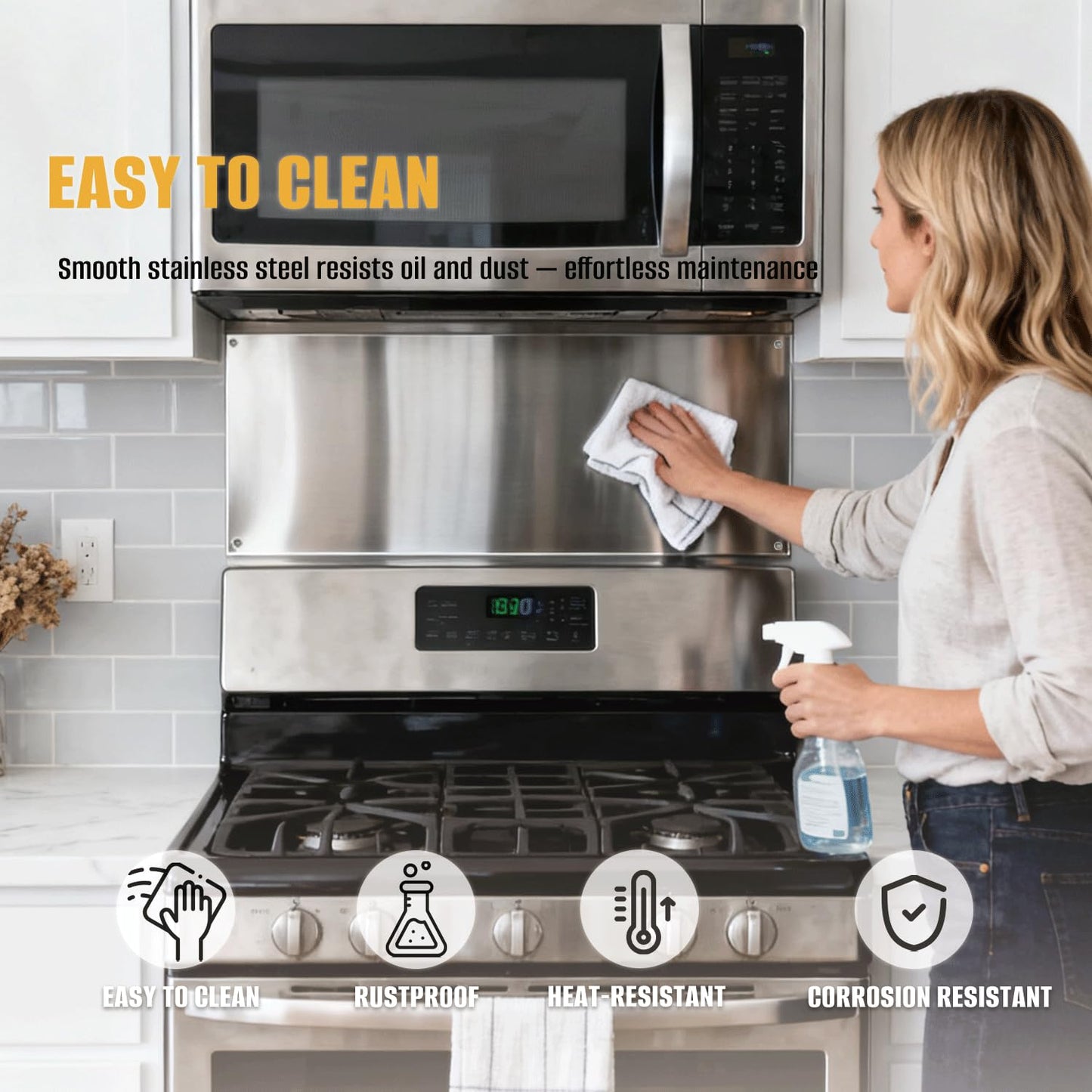 Simetro 12" x 30" Magnetic Stainless Steel Stove Backsplash, Brushed Metal Wall Protector for Kitchen, Ultra Flat Splatter Guard Panel with 4 Pre-Drilled Holes, Easy to Install & Clean, Heat Resistant