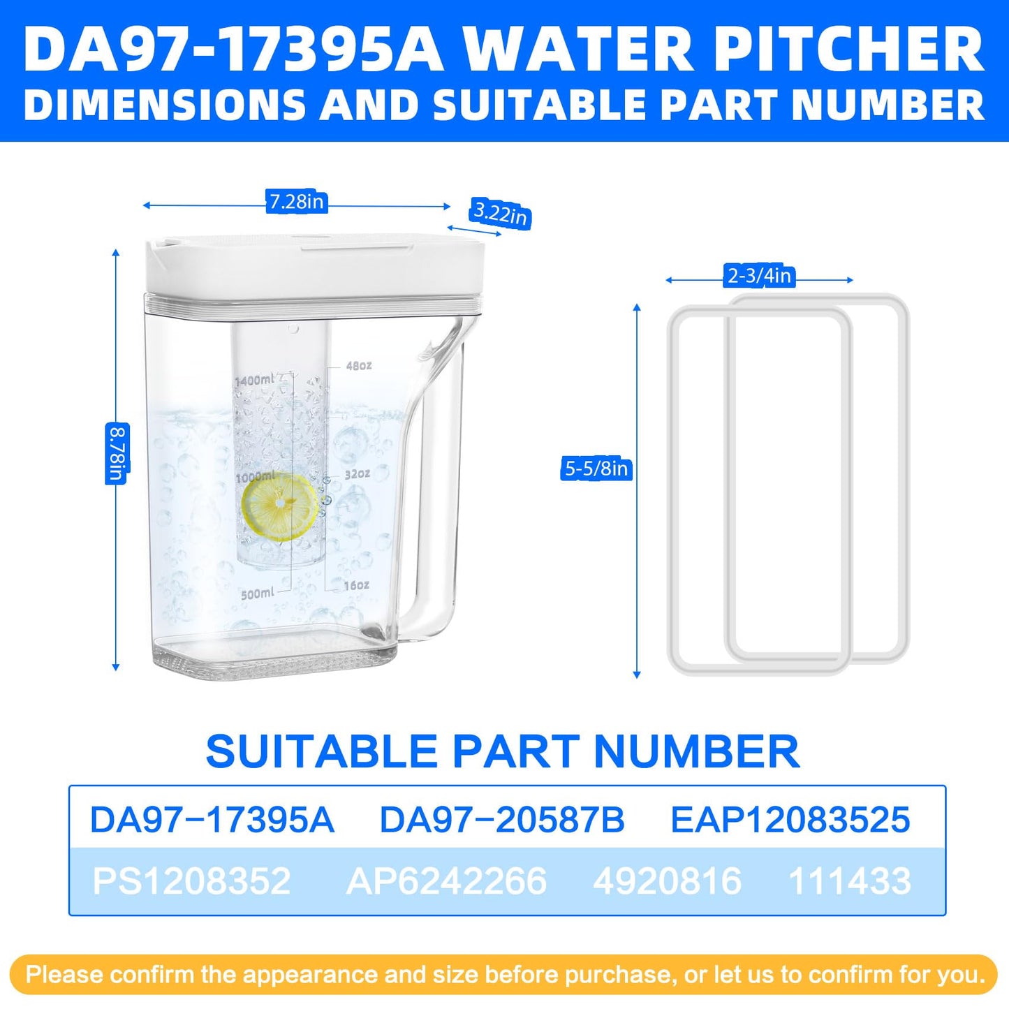 DA97-17395A RF23M8070SR Water Pitcher for Samsung Water Pitcher for Fridge Door Replacement for Samsung Refrigerator RF23M8570SR RF23M8590SG RF23M8090SR DA97-17395A Water Reservoir/Tank