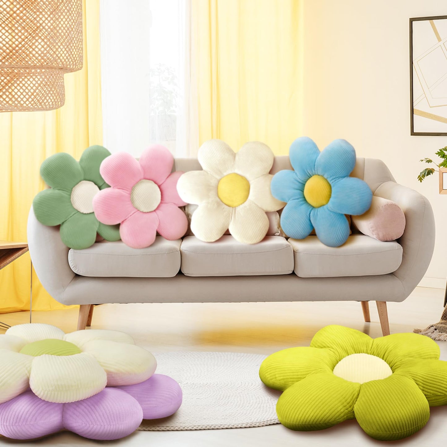 Sratte 10 Pcs Flower Shaped Throw Pillows Cute Daisy Flower Seating Cushions for Adults Reading Leisure Comfortable Home Bedroom Sofa Chair Couch Decor(15.75 Inches)