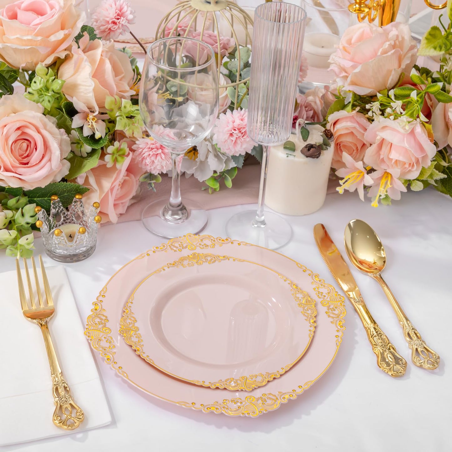 Joyido 200PCS Pink and Gold Plates - Pink Plastic Plate - Fancy Disposable Plates with Gold Rim - Vintage Wedding Dinner & Dessert Plate for 100 Guests for Wedding & Bridal Shower