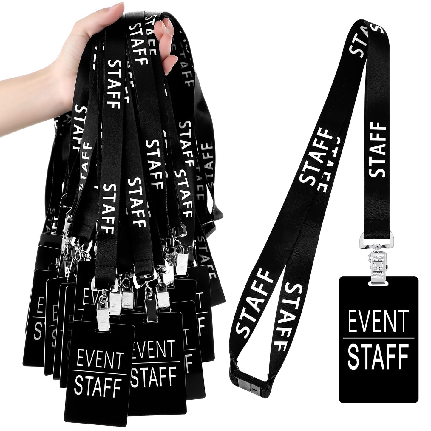Qilery 50 Set Event Staff Lanyards with PVC Cards Lanyard Pass Staff Cards with Metal Swivel Hook for Concert Event Party Organizer Conference Party Office Supplies(Black)