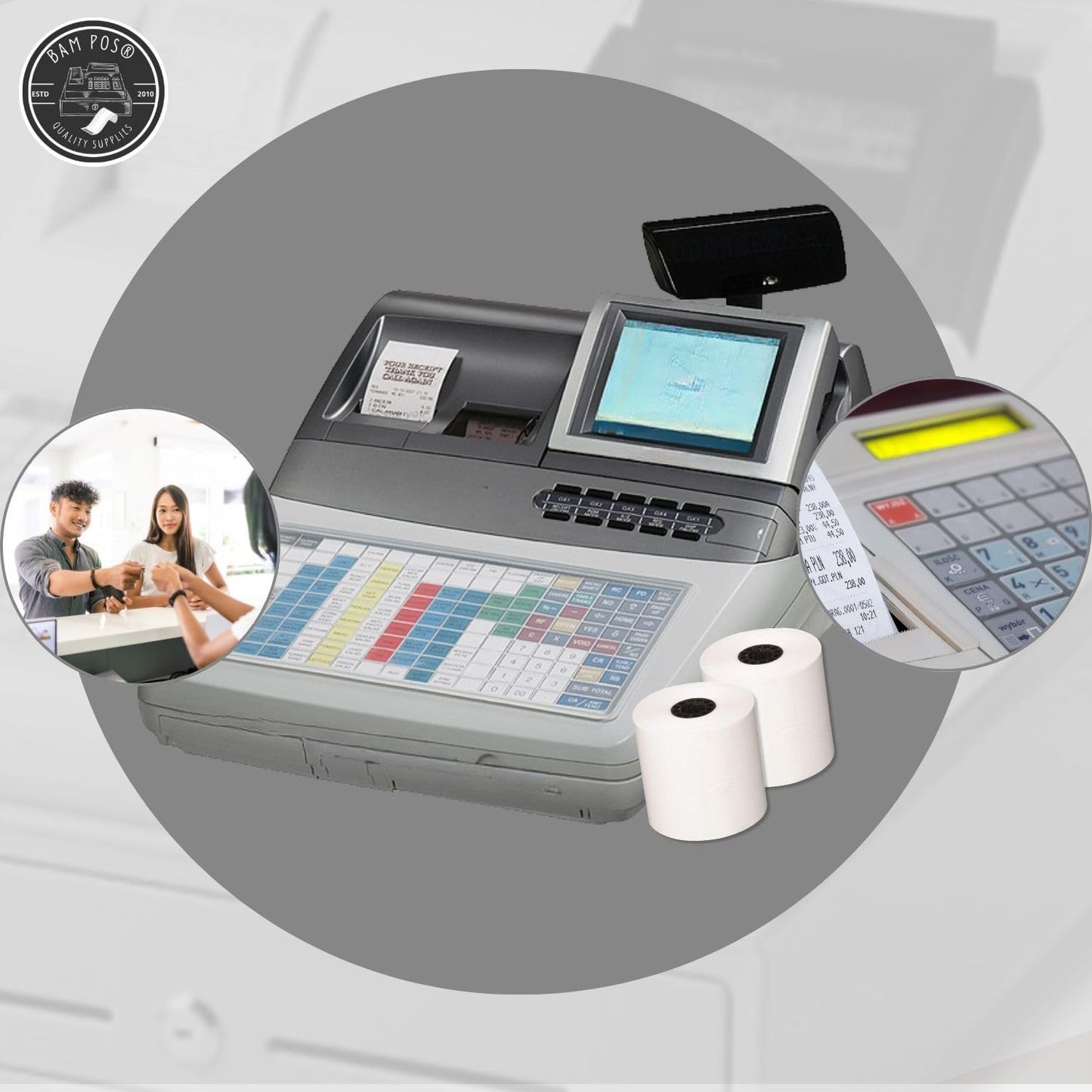 BAM POS 2 1/4" x 165' Thermal Cash Register POS Receipt Paper - Low Dust Thermal - Bright White Paper - Compatible with CE T100, PCR T465 and Many More - 50 Rolls Per Case