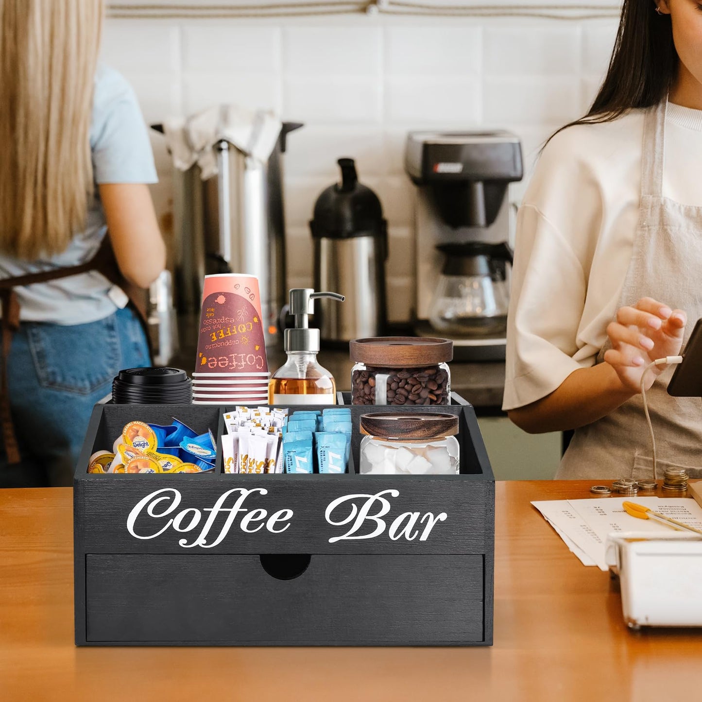 Coffee Bar Organizer Countertop, Wooden Bar Accessories With Drawer, Coffee Station Organizer Pods Holder Storage Basket, Farmhouse Tea Condiment Station
