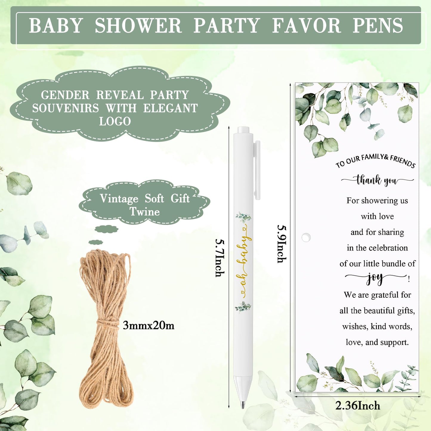 Tenceur 100 Set Baby Shower Pens Greenery Baby Shower Favor for Guest Sage Ballpoint Pens with Woodland Thank You Cards Gender Reveal Party Favor for Girl Boy Party Souvenirs Prizes