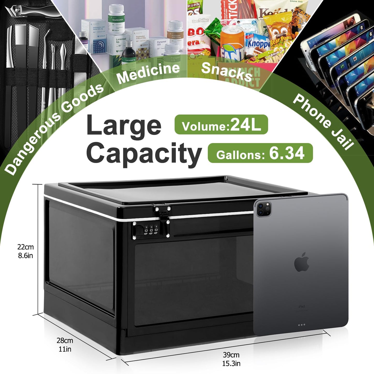 GLOQESEN Large Medicine Lock Box, Clear Lockbox for Medication, 24L Lockable Storage Box with Dual 3-Digit Combination Locks for Snacks/Phone/Electronics, Organizer Bin for Home/Office/Fridge/School