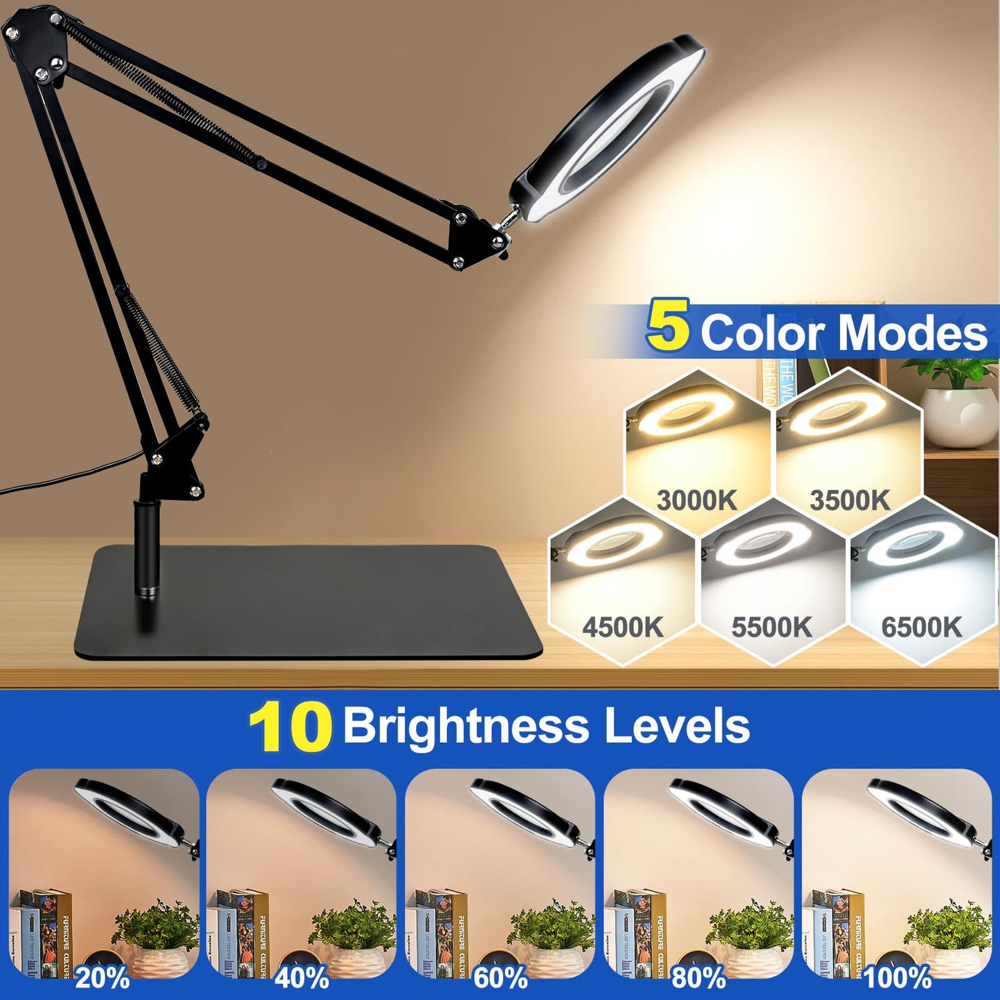 VvLons 15X Magnifying Glass with Light and Stand, 2-in-1 Lighted Magnifying Desk Lamp Dimmable Magnifier Lamp with Light and Clamp Long Arm 84PCS LED Beads Real Glass Lens for Work Close Work Hobby