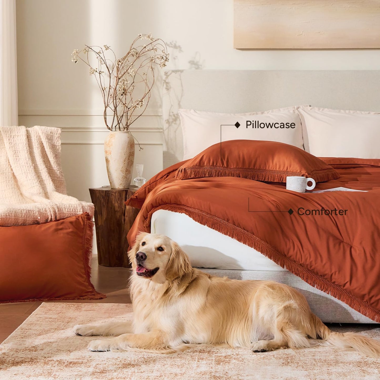 Andency King Size Comforter Set Burnt Orange, 3 Pieces Boho Terracotta Soft Lightweight Bedding Comforter Sets, Rust Tassel All Season Bed Set (104x90In Comforter & 2 Pillowcases)