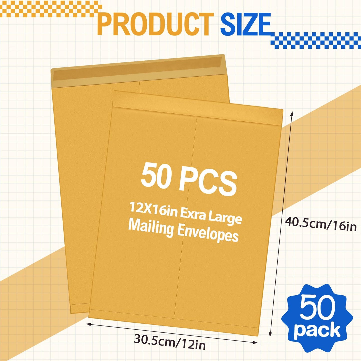 Motipuns 50 Pcs 12'' x 16'' Extra Large Mailing Envelopes 32lb with Gummed Flaps, Catalog Jumbo Craft Envelopes for Mailing, Storage and Organizing Documents Office Supplies(Yellow)