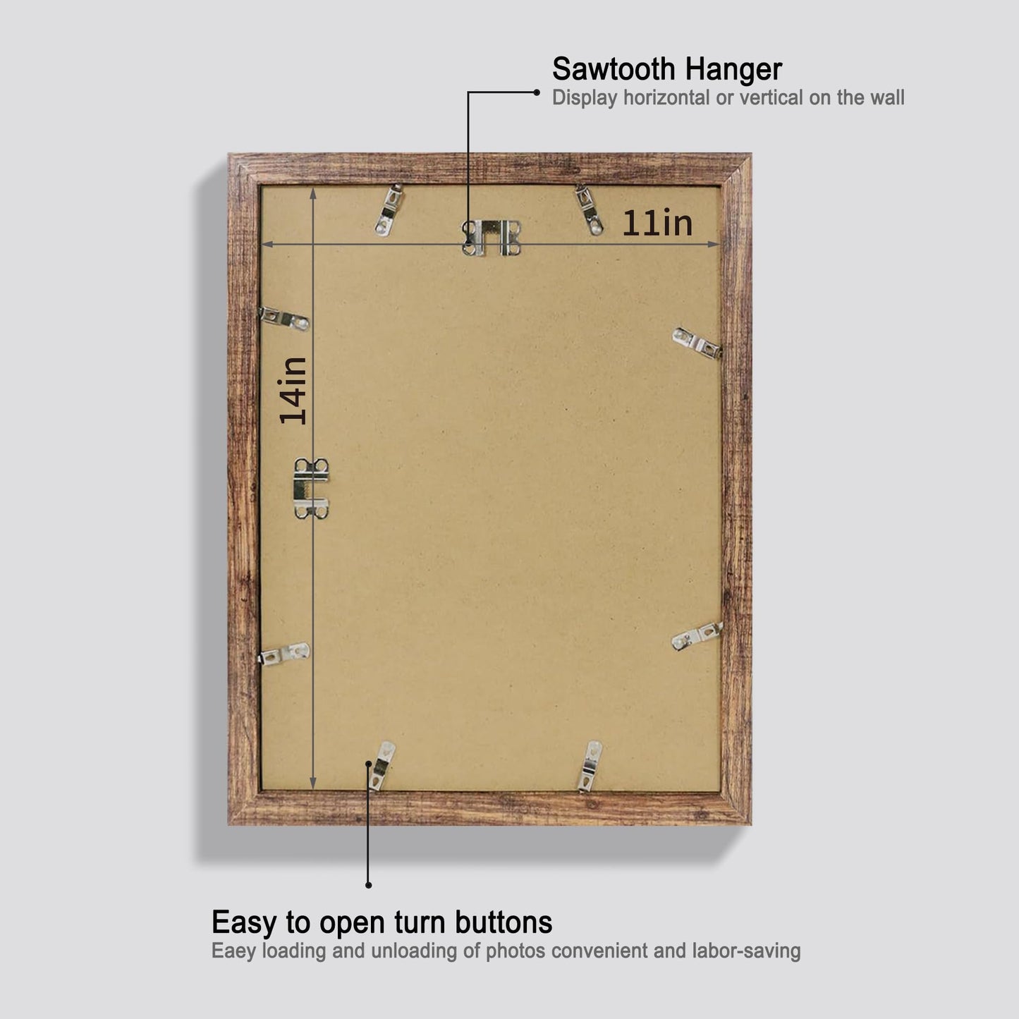 Hongkee 11x14 Picture Frame Set of 4, Made of Glass and Rustic Brown Wooden Frame, Display 8x10 Pictures with Mat or 11 x 14 Posters without Mat for Wall Mounting, Gallery Photo Frames