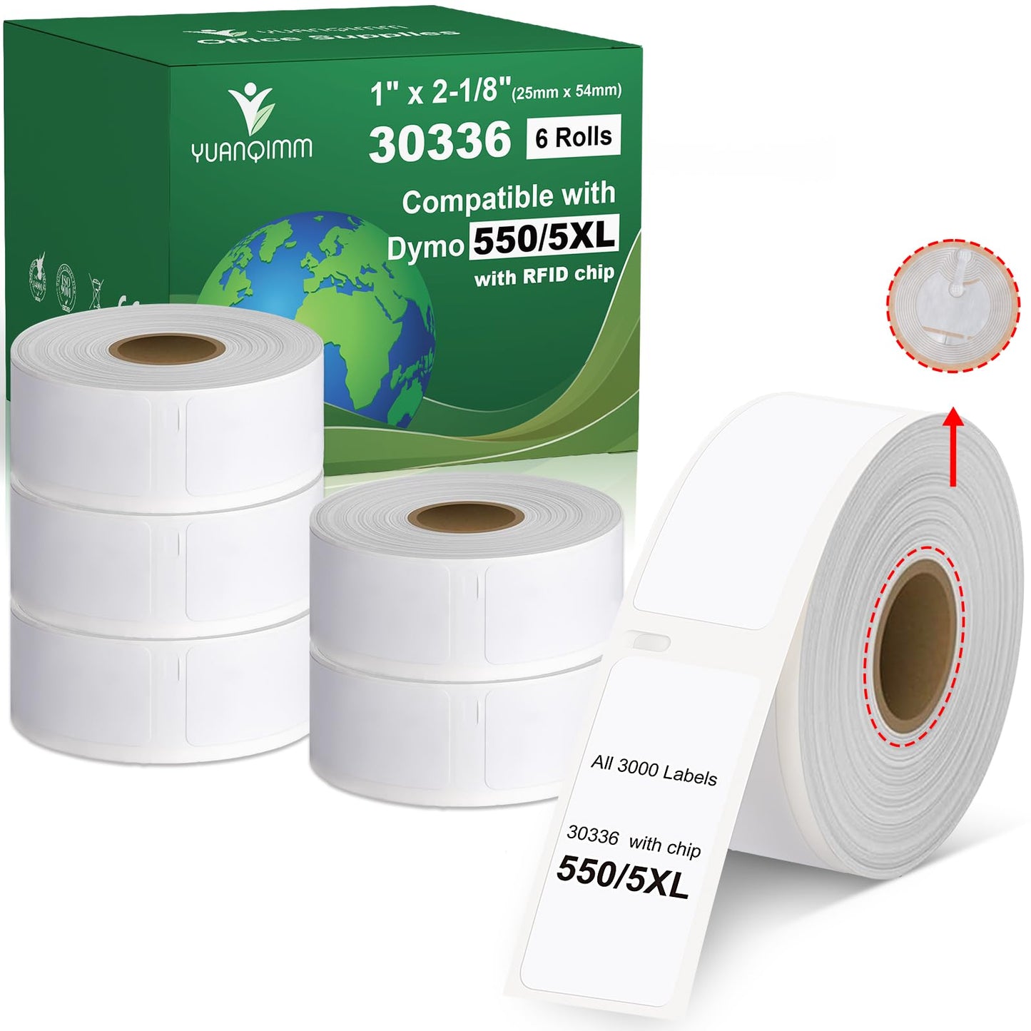 Yuanqimm 30336 1" x 2-1/8" Compatible for DYMO LabelWriter 5XL 550 550 Turbo 4XL 450 Wireless 450 Duo 450 Twin Turbo, 25mm x 54mm Label with RFID Chip, for Barcodes, 6 Rolls, 3000 Labels