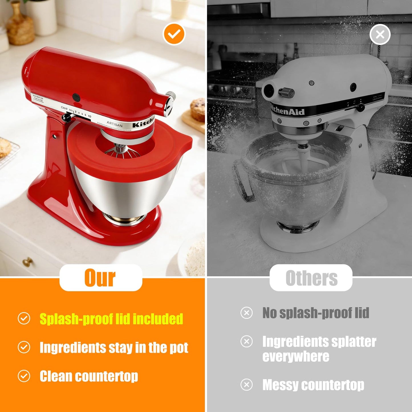 Silicone Liners Compatible with KitchenAid 4.5-5 Quart Tilt-Head mixer Bowl,2 Liners with Lids(White＋Red）