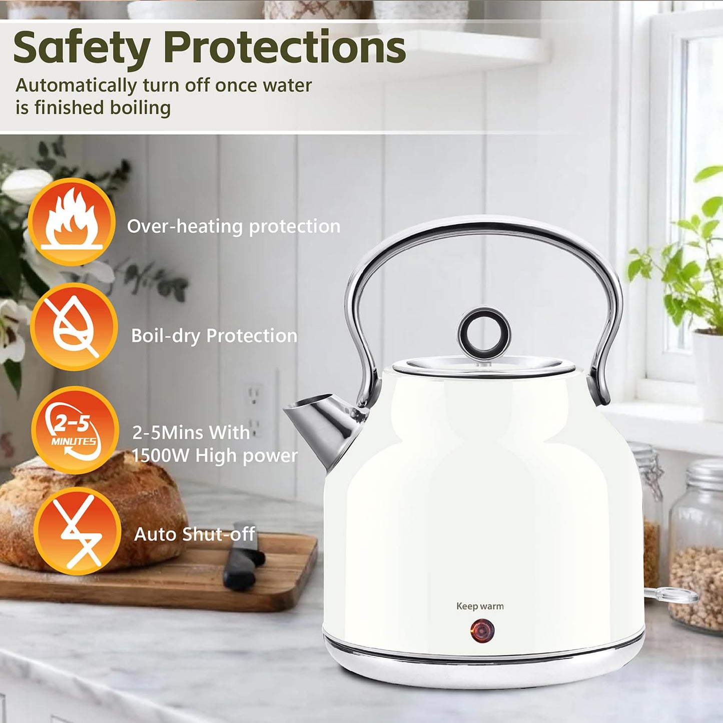 Seydere Electric Kettle – 1.7L Stainless Steel Kettle with Keep Warm Function, 1500W Fast Boil Kettle with LED Indicator, Auto Shut-off & Boil-Dry Protection Cordless Design, Rotational Base (White)