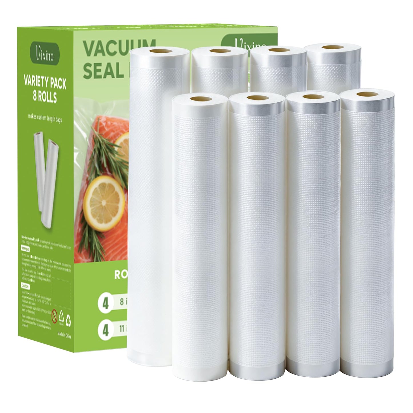 Vixino Vacuum Sealer Bags for Food, 8 Pack 4 Rolls 11" x 20' + 4 Rolls 8" x 20' Commercial Grade Vacuum Seal Bags Rolls, BPA Free, Customizable Size for Sous Vide, Freezer