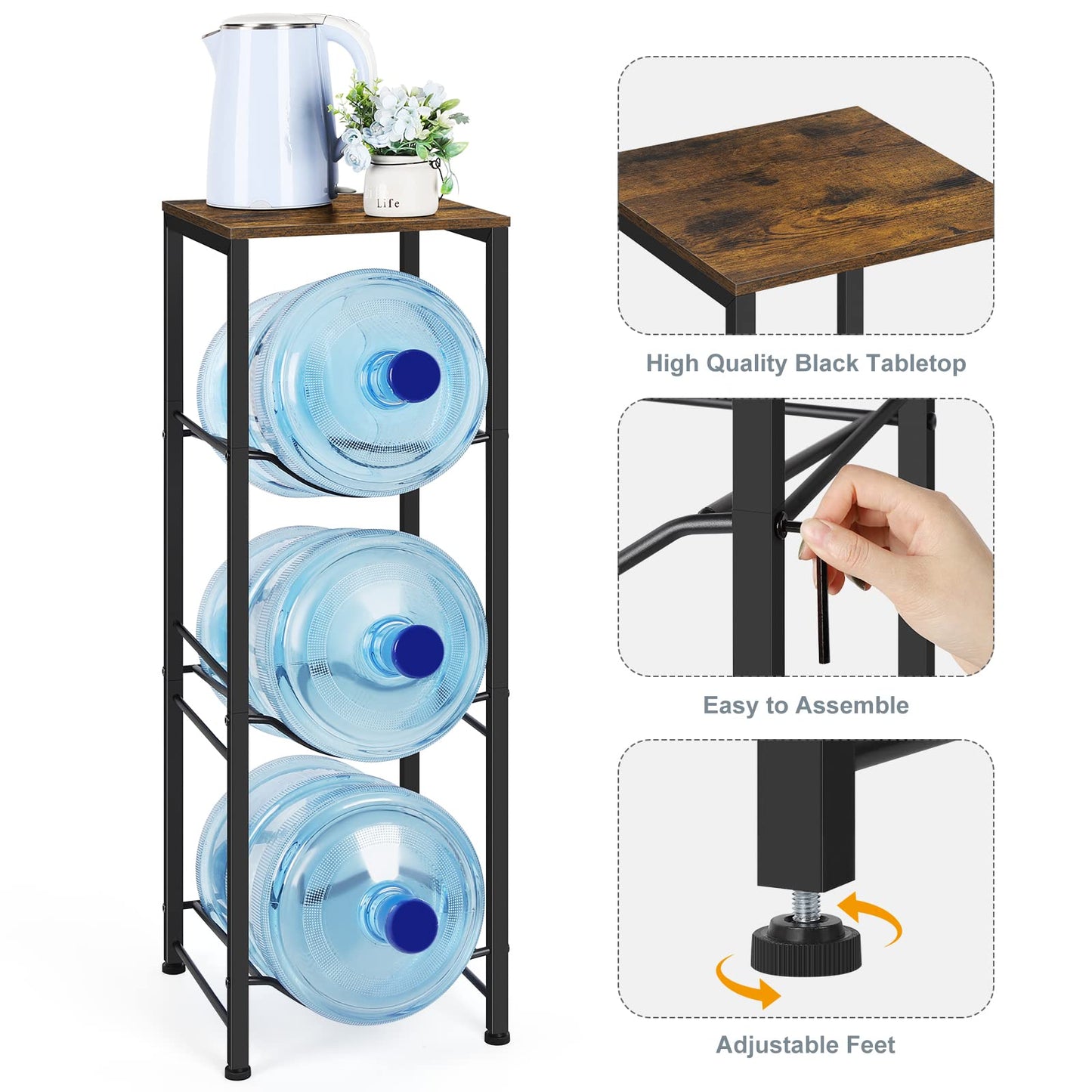 5 Gallon Water Jug Holder 3-Tiers Water Dispenser Stand Rack, Water Bottle Organizer with Storage Shelves for Kitchen Living Room Office, Rustic Brown
