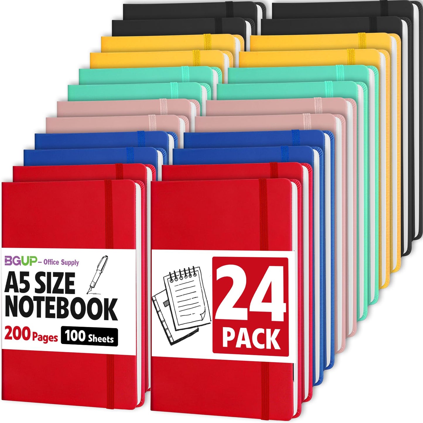 BGUP 24 Pack Lined Journal Notebook for Work, 200 Pages, Medium 5.5" x 8.3", A5 College Ruled Notebook, 6 Colors, Hardcover Journaling Notebooks for Writing, Note Taking