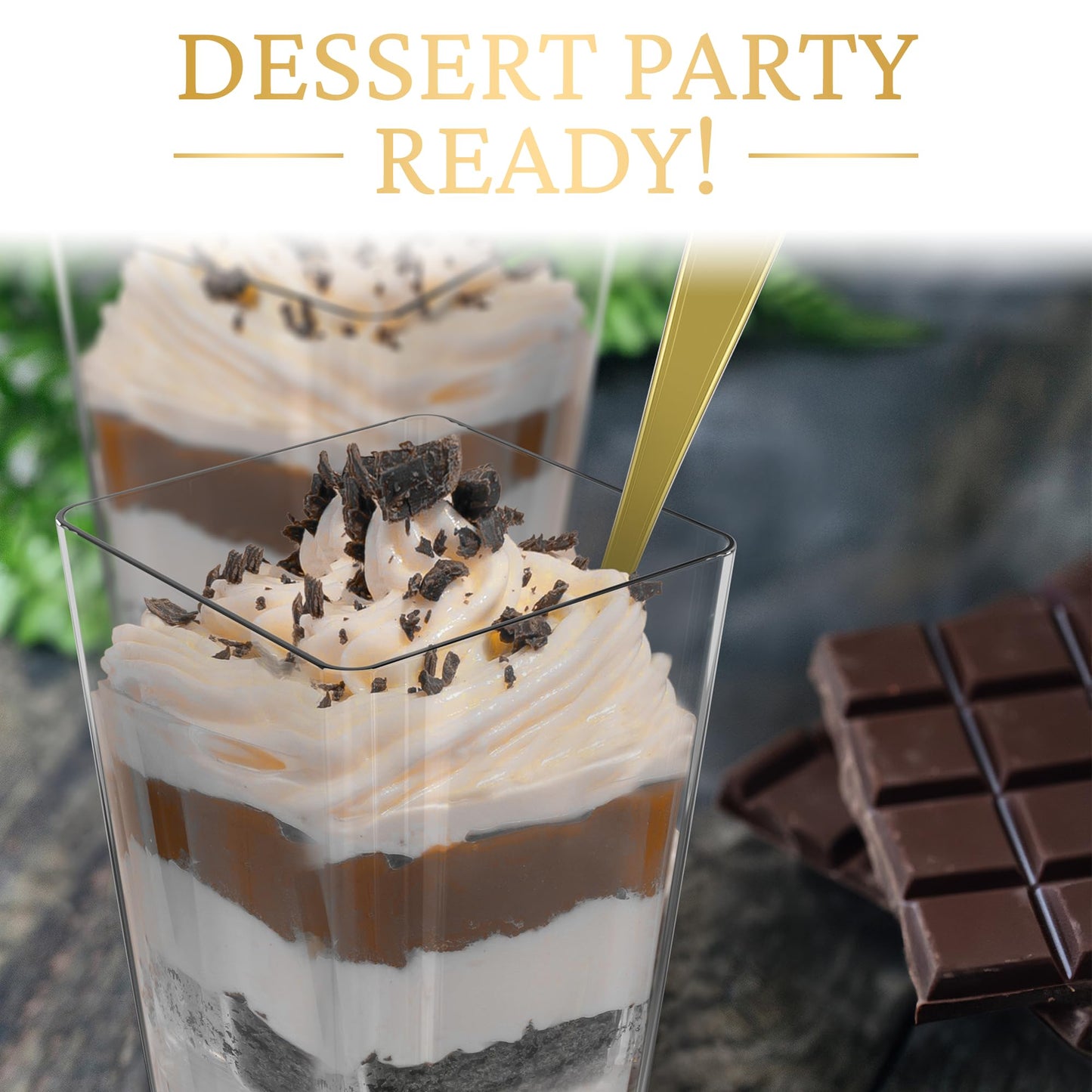 100 Pack 3 oz Mini Dessert Cups with Lids and Spoons (Gold Spoons) - Plastic Shooter Appetizer Parfait Cups with Lids Reusable - BPA Free Catering Supplies for Party - Dessert Serving Bowls