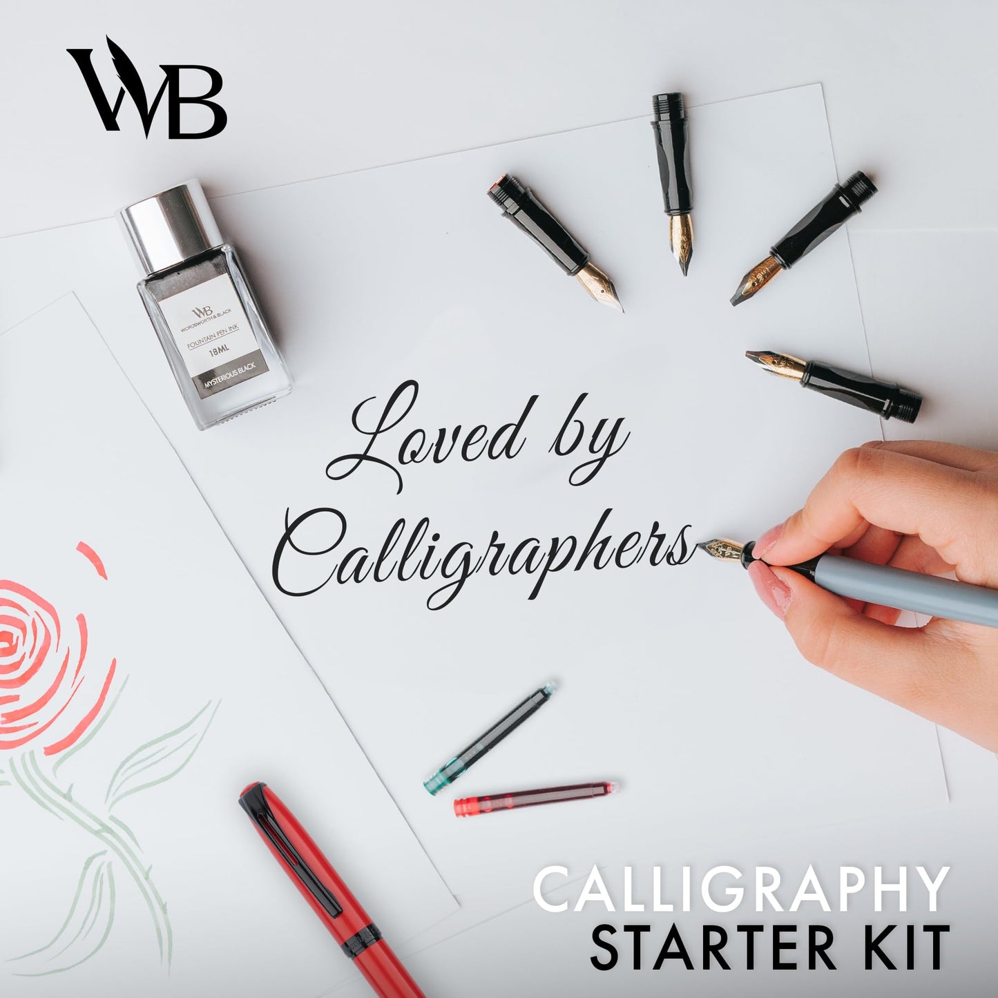Wordsworth and Black Calligraphy Pen Set - Grey - Includes 2 Calligraphy Pens, 18 ML Ink Bottle, 60 Ink Cartridges, A Refill Converter, 1 Medium and 4 Broad Nibs, Brush Pen