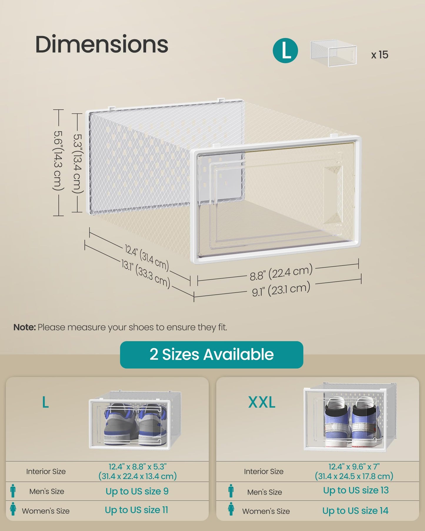 SONGMICS Shoe Boxes, Pack of 15 Shoe Storage Organizers, Stackable Clear Plastic Boxes for Closet, Sneakers, 13.1 x 9.1 x 5.6 Inches, Transparent and White ULSP015W02