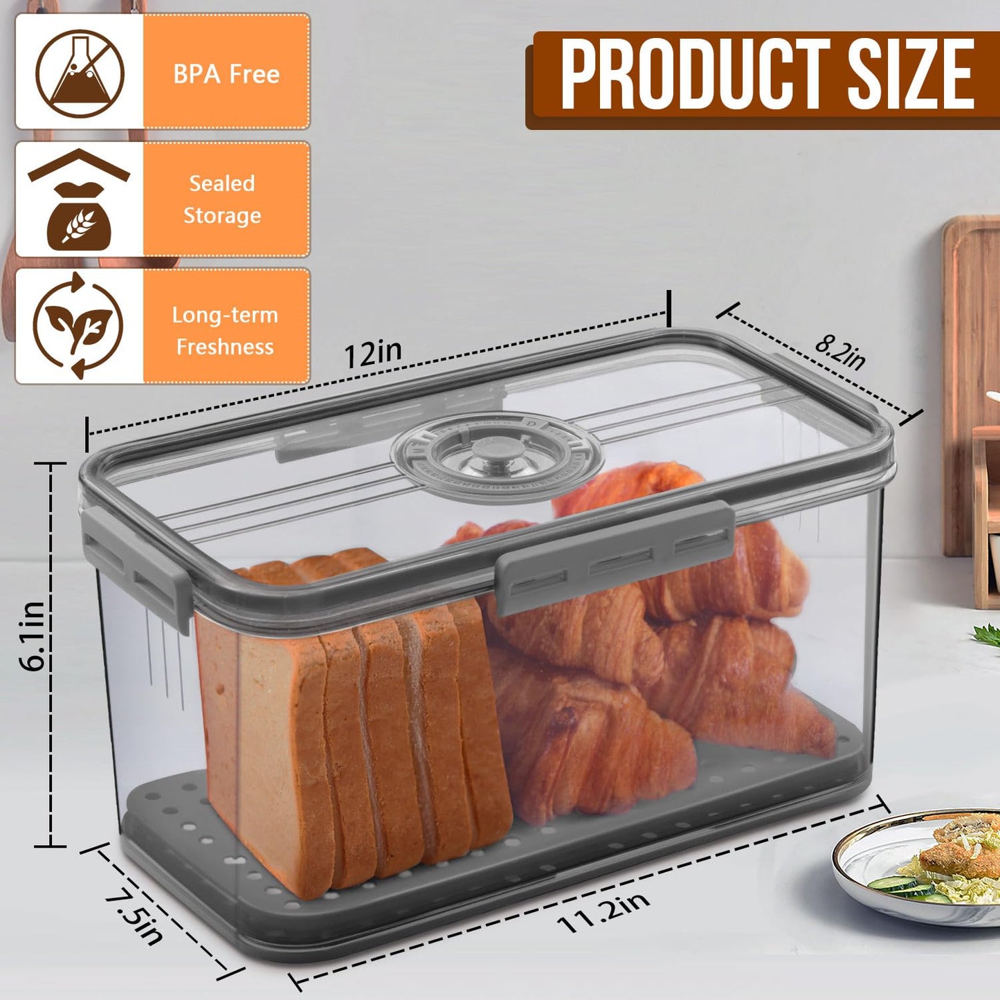Gifhomfix Bread Box Bread Boxes for Kitchen Counter Airtight, Time Recording Bread Storage Container with Lid, Bread Keeper for Homemade Bread, Toast, Bagel, Donut and Cookies, LARGE Dark Grey