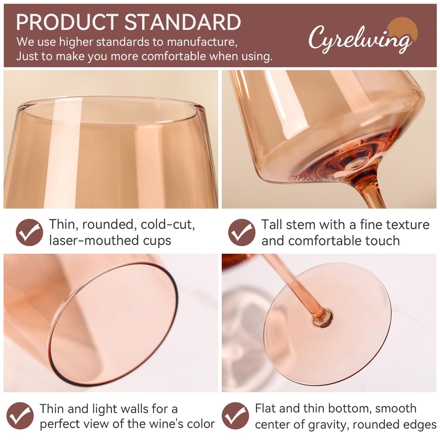 Cyrelwing Brown Wine Glasses Set of 6-18oz【Hand Blown】 Crystal Amber Stemmed Venus Wine Glasses-Brown Wine Glass set for Fall Autumn Winter Wine Dinner