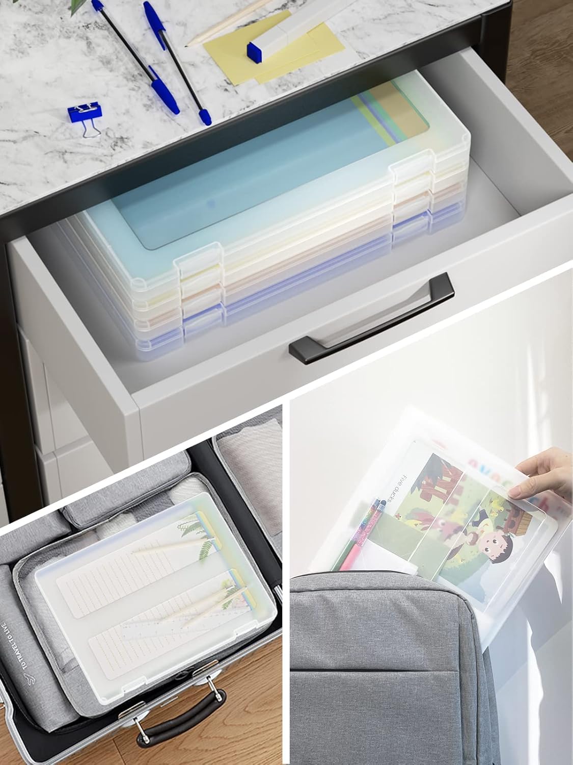iBune 8-Pack A4 Plastic Paper Organizer Box, Scrapbook Storage for 8.5” x 11” Letter Papers, Portable Document Holder, Board Games Art Supplies Sticker Organizers (2 Inner Size)