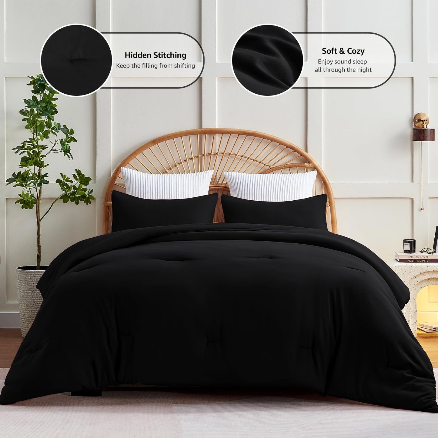 CozyLux King Size Comforter Set Black, 3 Pieces Solid Comforters King Size Breathable Quilted Style Bedding Set, Luxury Soft Microfiber Down Alternative Comforter Bed Set (1 Comforter & 2 Pillowcases)