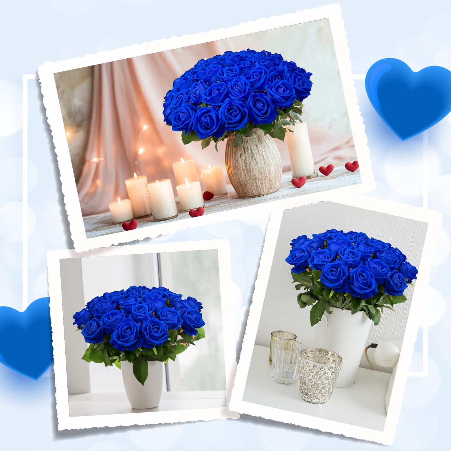 Wondrus Bulk Artificial Flowers 50 PCS, Fake Velvet Silk Blue Roses with Long Stems Realistic Bouquet for Wedding Centerpieces, Faux Arrangement for Home Table Decor