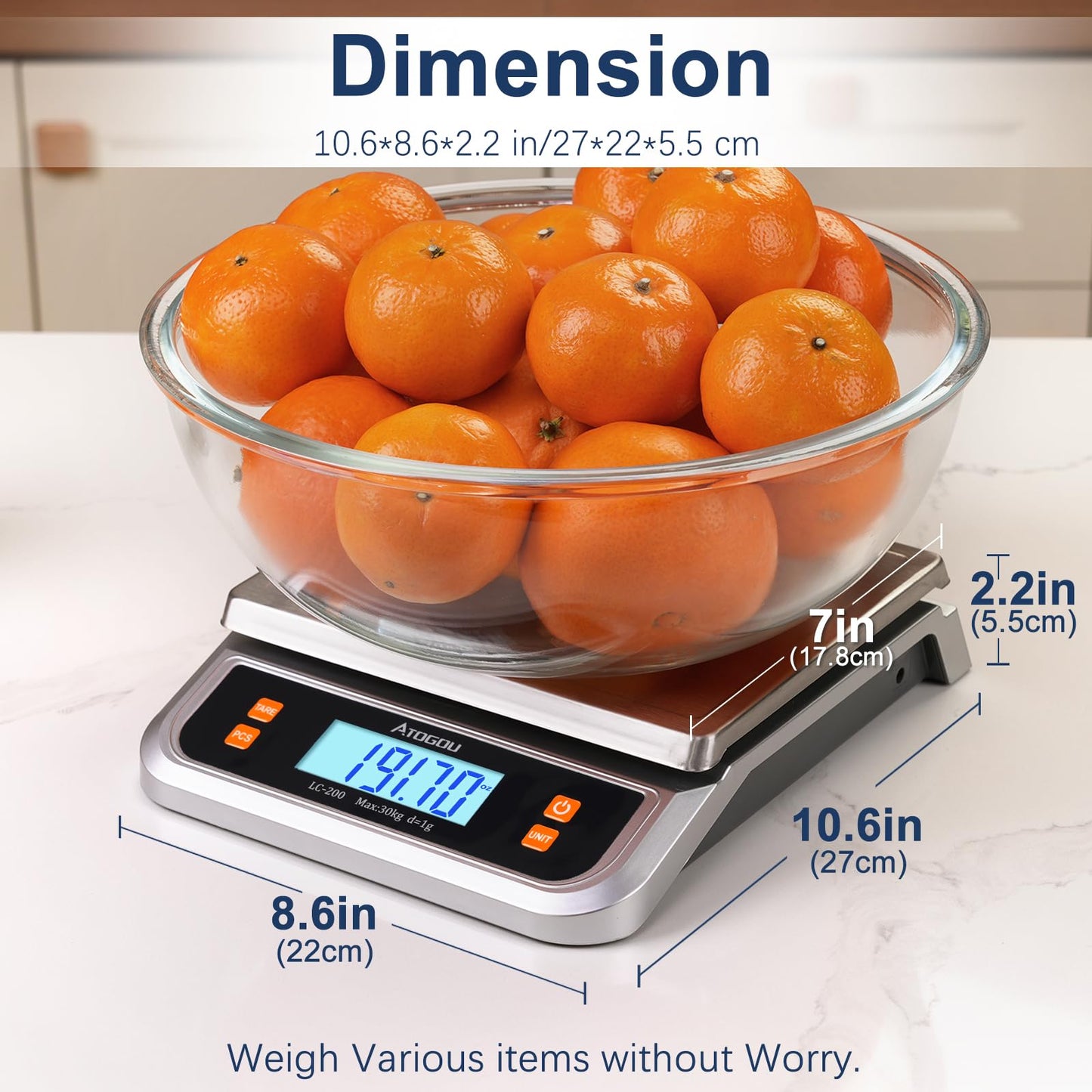 Atogou 88lb Food Scale, Commercial Kitchen Scale Plug-in Usable with Full View LCD Display, Stainless Steel, for Baking, Bread, Cooking, Meat, Vegetables, Farm, Industry LC200 Silver