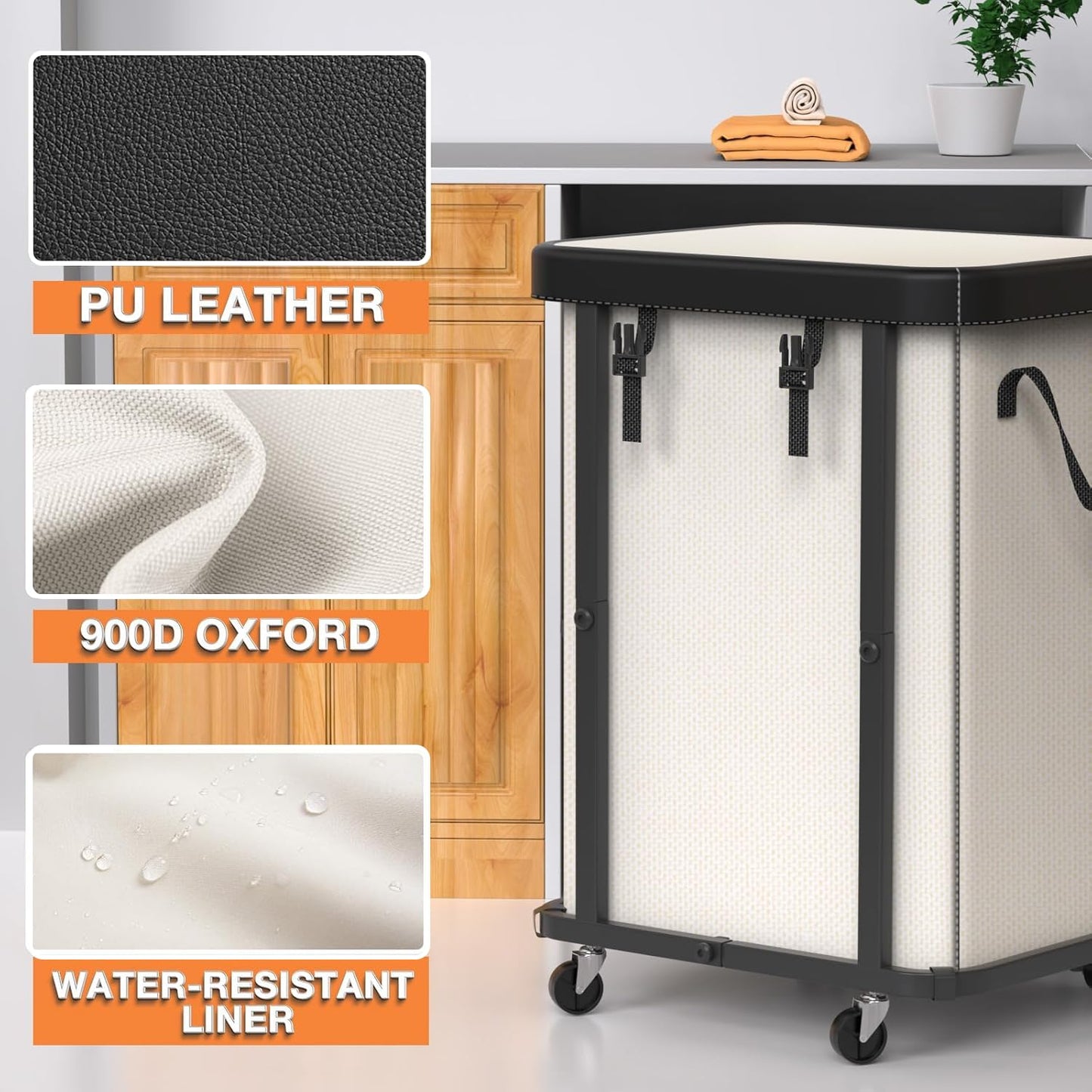 150L (40 Gal) Large Fashion Laundry Basket with Wheels, Leather Patchwork Rolling Hamper Carts, Sturdy Metal Frame, Removable Washable Bag, Tall Clothes Sorter for Bedroom, Laundry Room - Beige