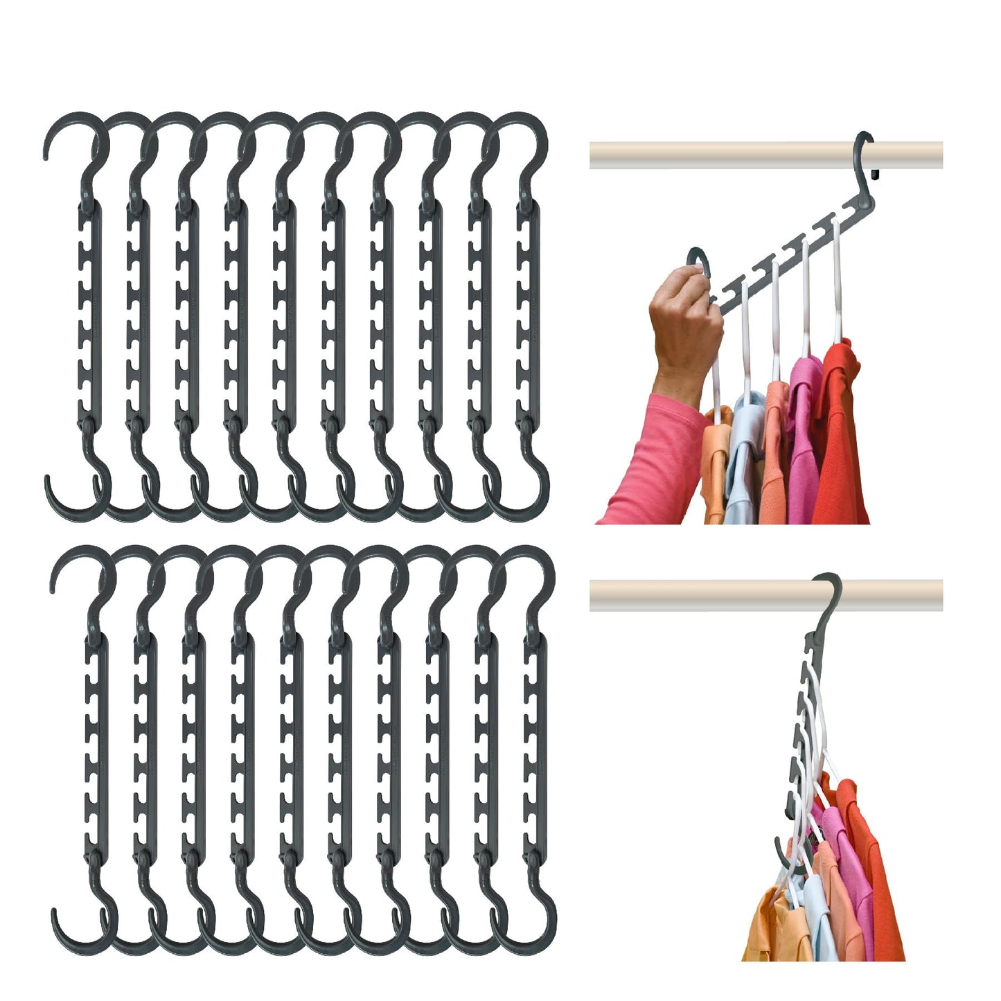 Wonder Hanger Max 20-Pack Space Saving Hangers, Reinforced Hooks Swivels 360°, Cascading Hanger, College Dorms & Storage Closet Organizer, Fully Assembled – Grey